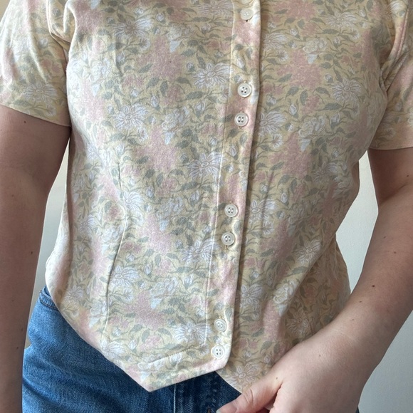 Vintage LL Bean Floral V-Neck Button Front Top - Yellow/Pink - Picture 2 of 8